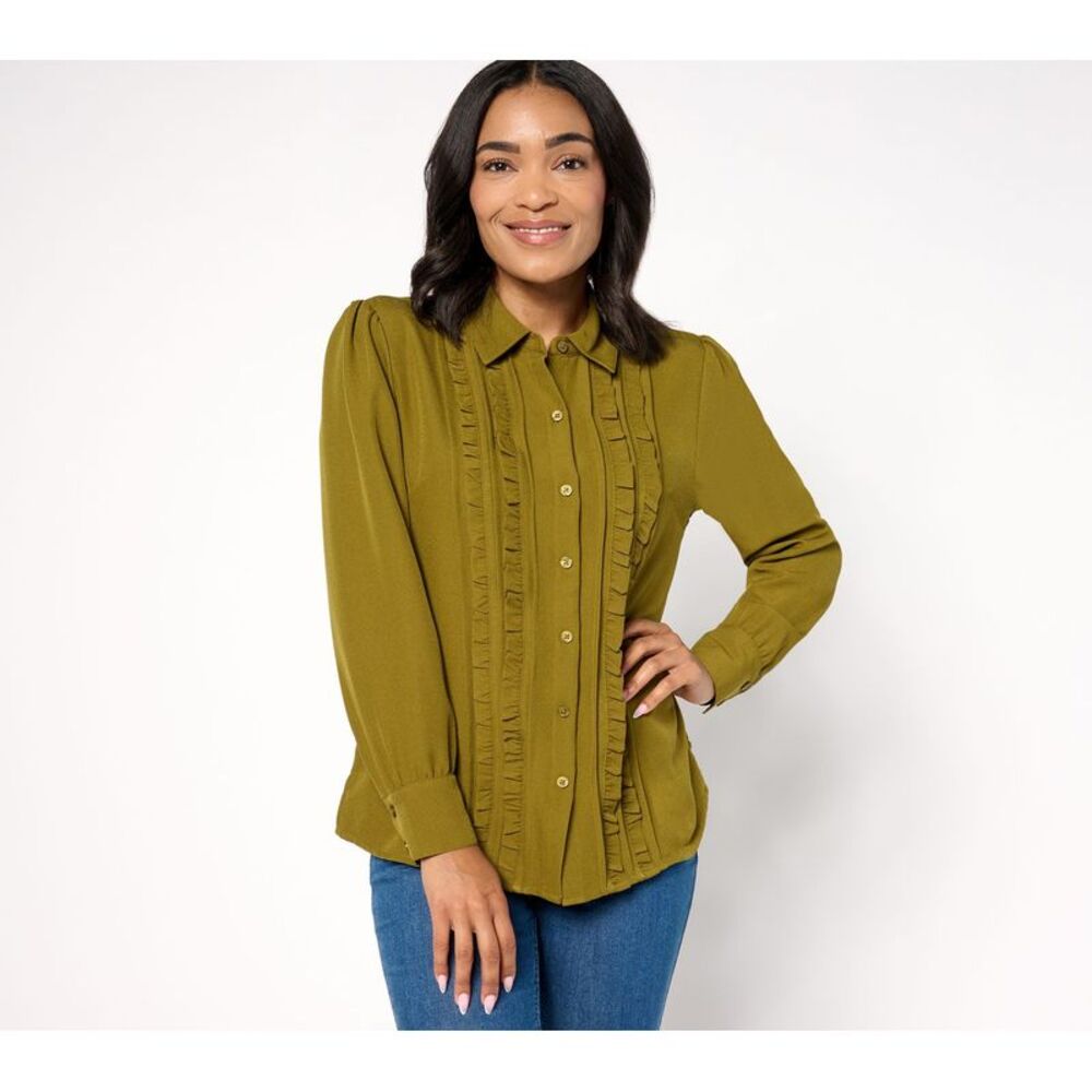 Truth + Style Women's Top Sz L Denim & Co. Adaptive Ruffle Front Green A670822